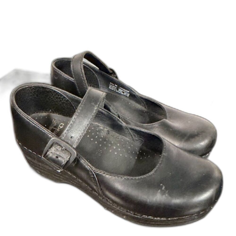 Dansko Women's Mary Jane Shoe Size 36 Black Leather Comfort Strap Wedge Cottage